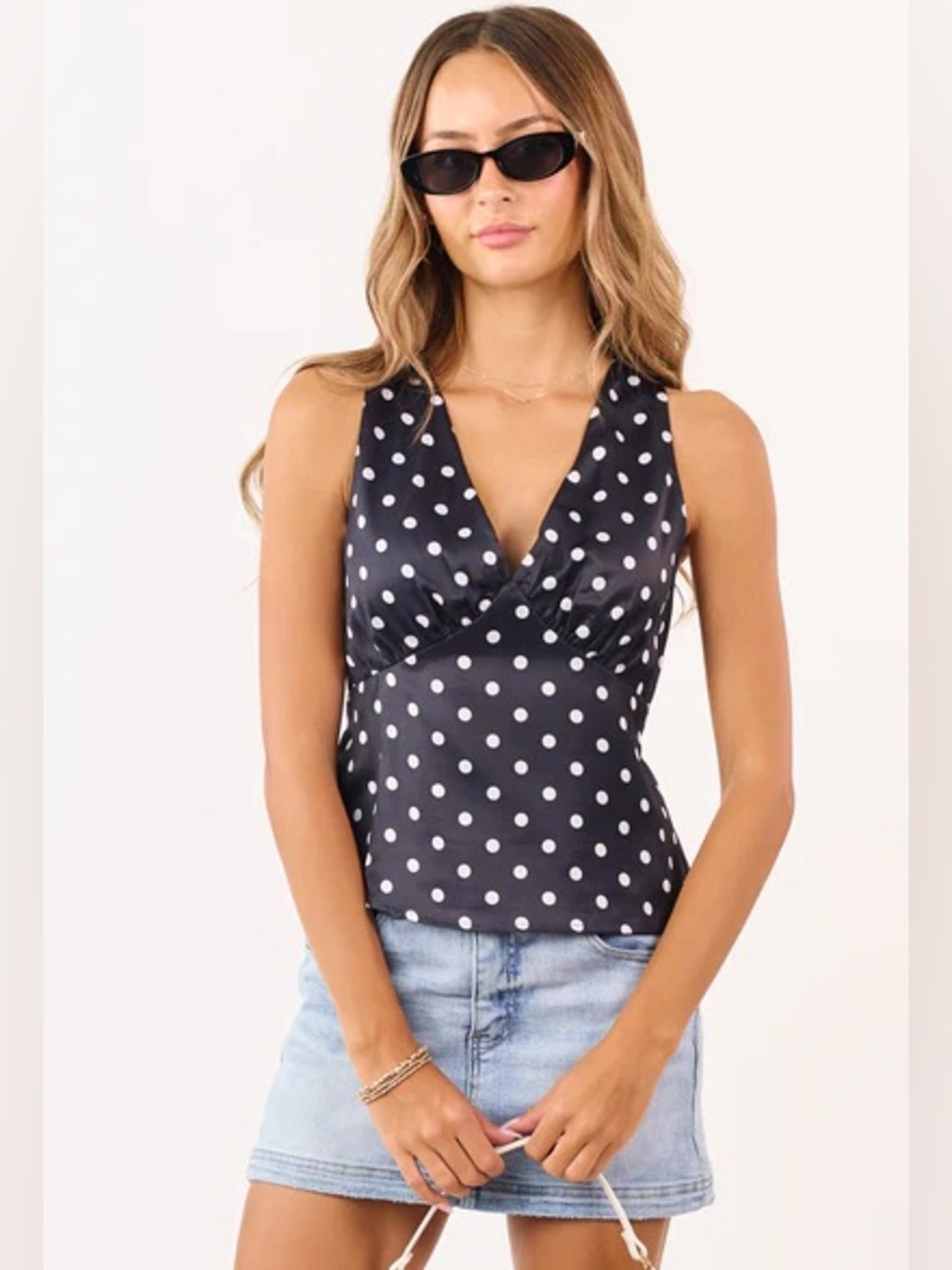 ALLEN BY ABS SIZE 10~ FUN SILK LIKE POLKA-DOT BLOUSE V-NECK -SIDE ZIP TOP SHIRT